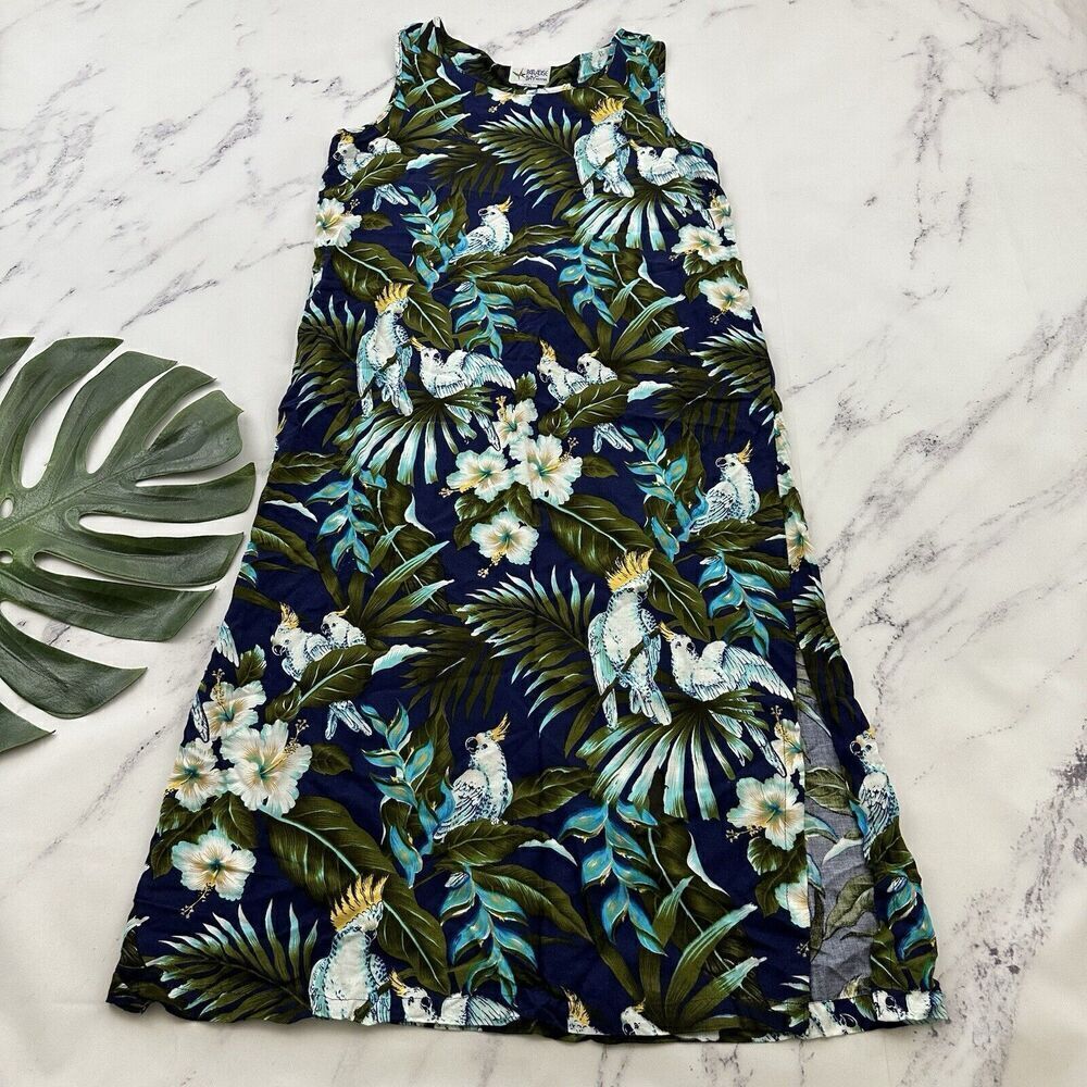 Paradise Bay Womens Vintage Tropical Dress Size M Petite Blue White Birds Floral